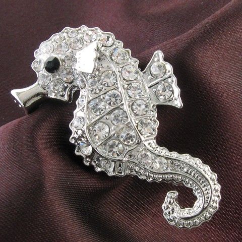 Seahorse Animal Sea Creature Brooch Pin Clear Crystal Stone Costume 