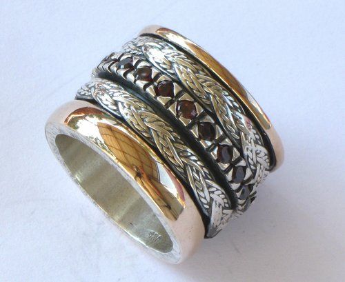 Designers Vintage Garnet Ring Silver Gold Spinner Bands  