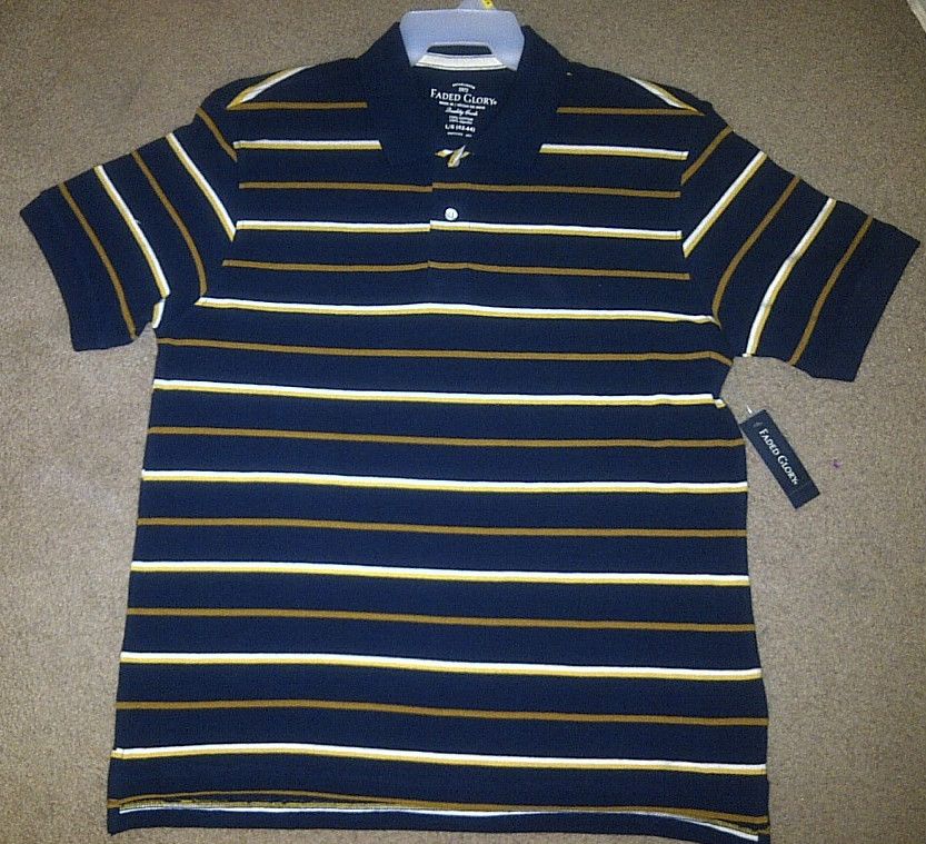 New Mens Blue Striped Polo Shirt Faded Glory Short Sleeves 100% Cotton 