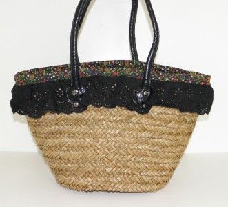   CHARM CUTE TAN & FLORAL BLACK LACE STRAW MARKET LARGE TOTE BAG  
