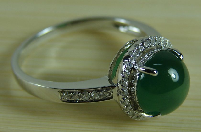   Cabochon Old Icy Emerald Green Jadeite 18K White Gold Diamond Ring 7