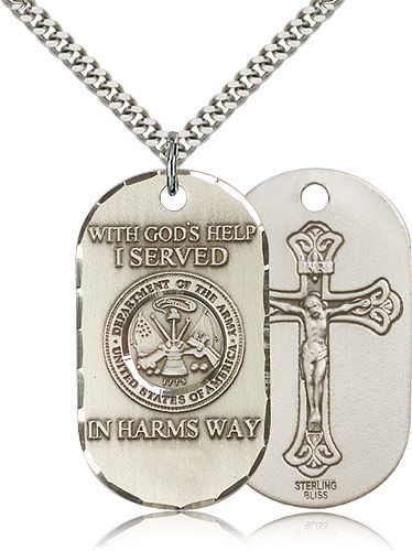 Sterling Silver US Army Crucifix Dog Tag Medal Necklace  